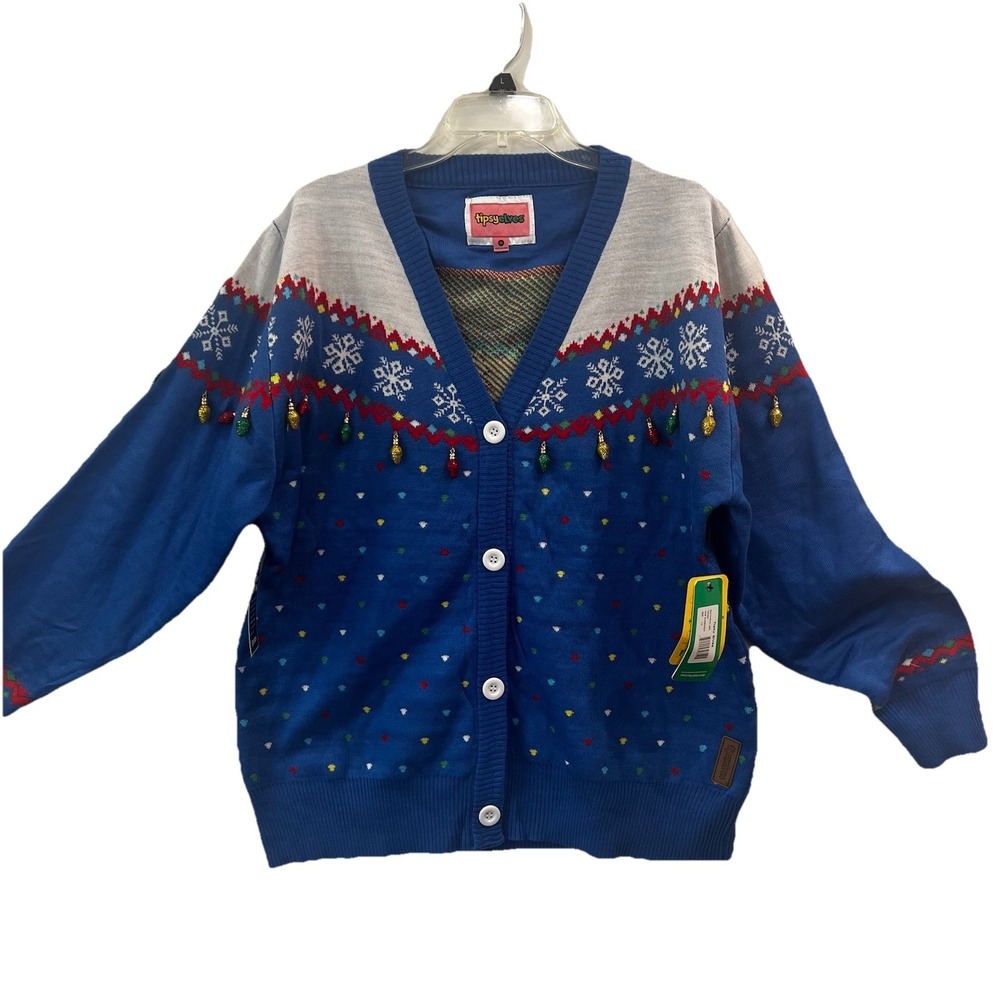 NEW Tipsy Elves Women's Christmas Lights Blue Cardigan 1X Sequin Ugly Sweater - Picture 1 of 8